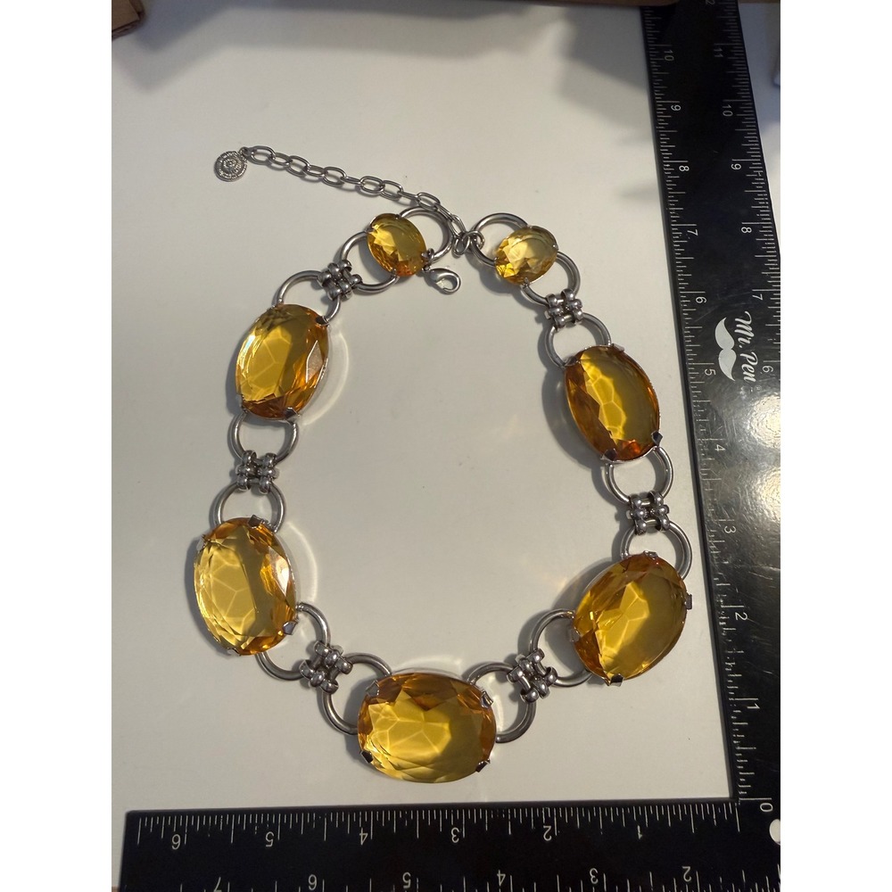 Graziano Statement Necklace Silver Tone Amber Yellow Oval Stone Chunky Link 18"